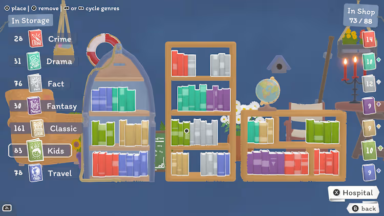 Joueur organisant les étagÚres de sa librairie mobile dans Tiny Bookshop.